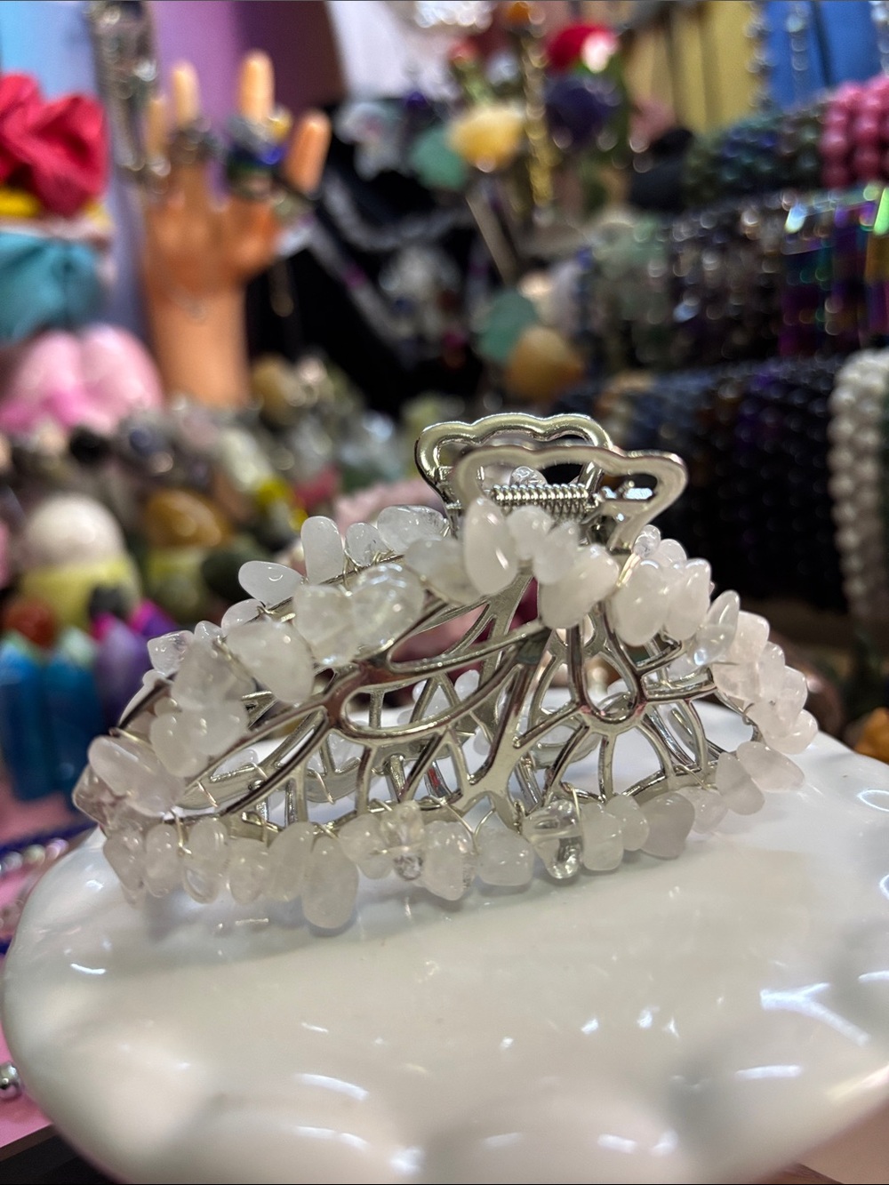 White Beaded Stone Hair Claw Clip - Sparkling Chic Accent - Clear Quartz
